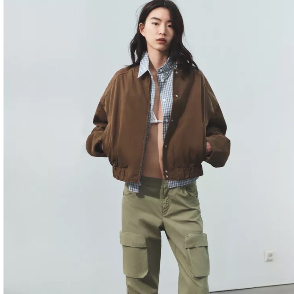 Zara Padded Bomber Jacket Brown Denim Oversized Cropped Zip Pocket Women XL NWT
